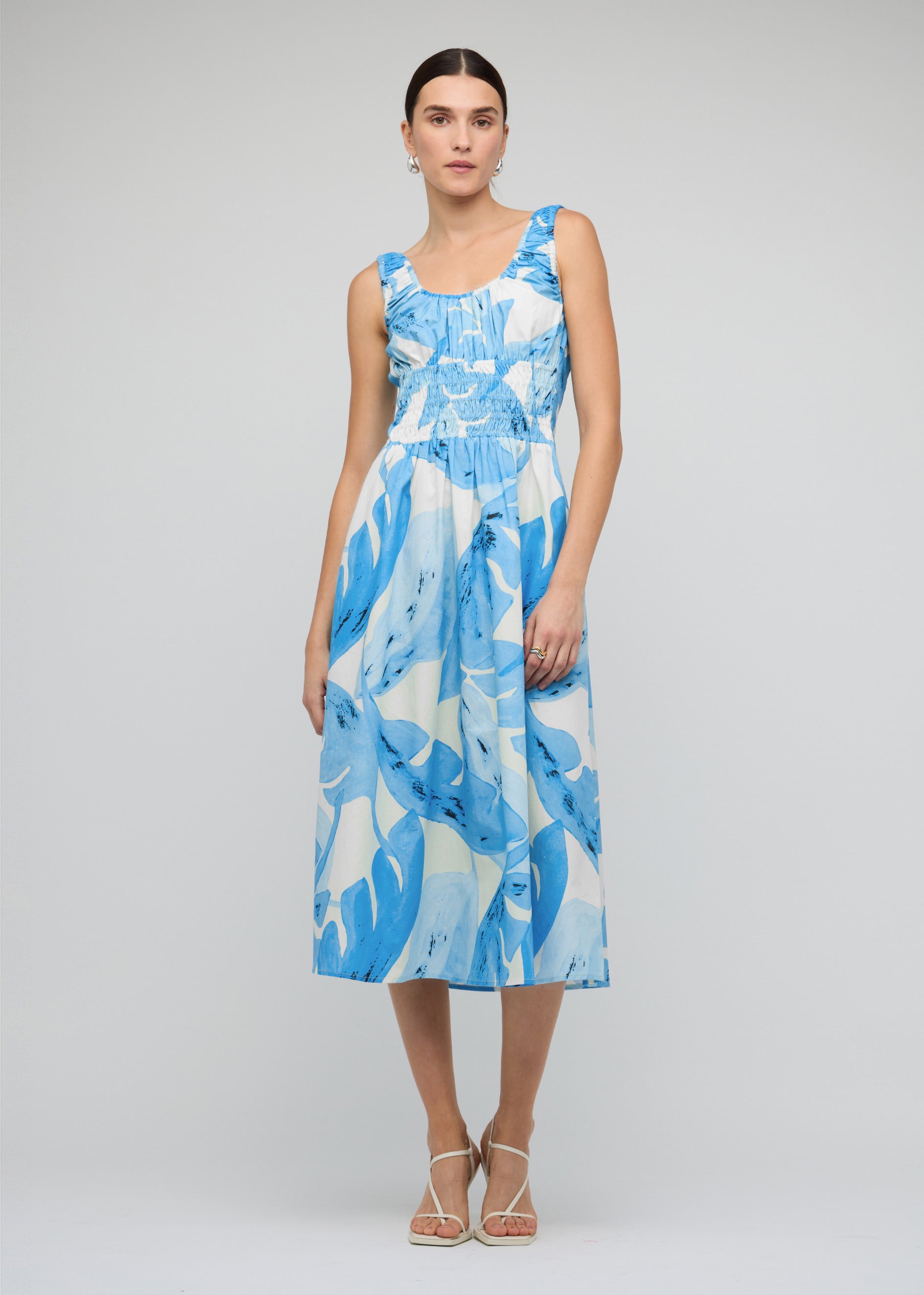 Blue & White Floral Cotton Shirred Midi Dress