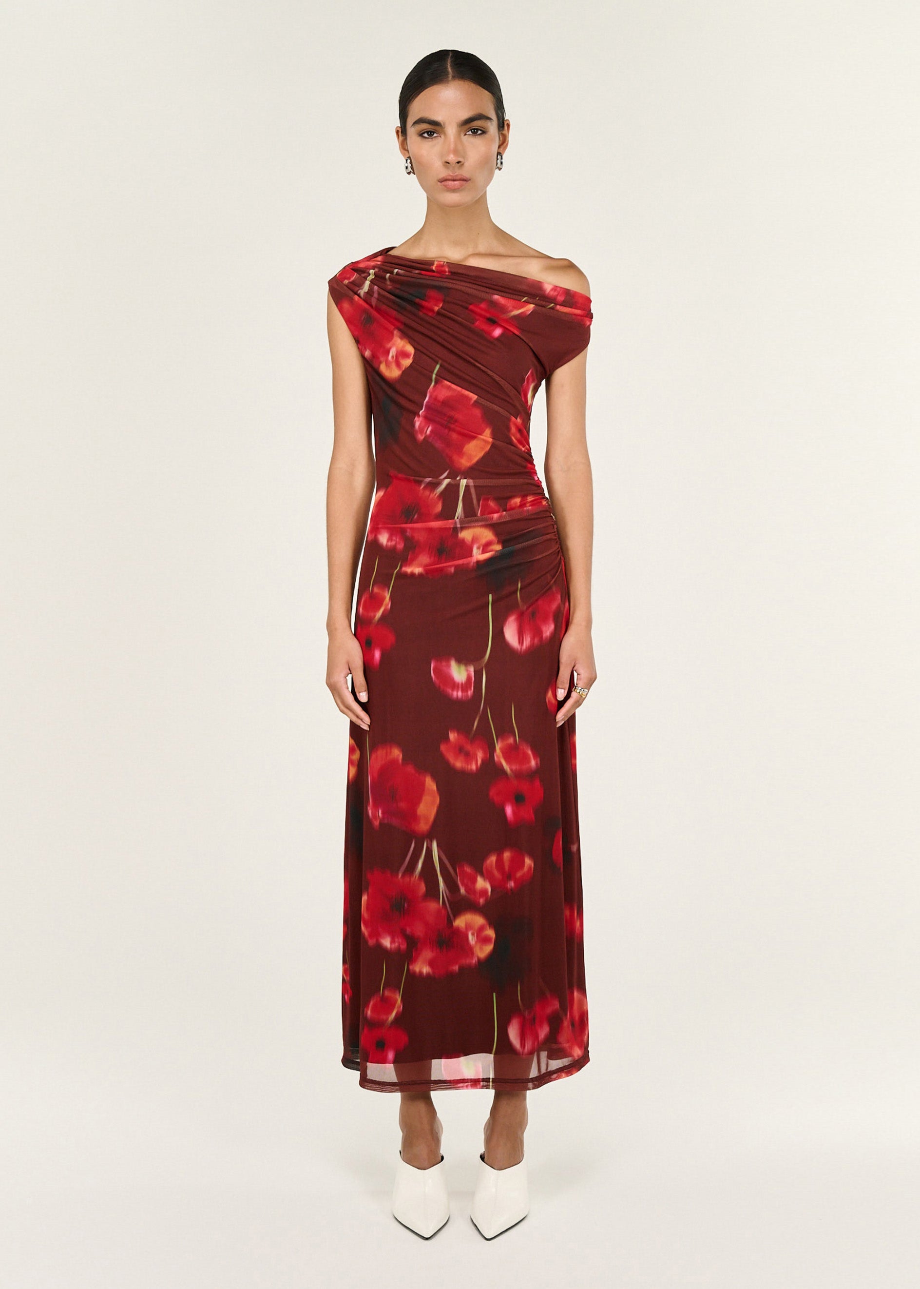 Red Poppy Print Off Shoulder Mesh Midi Dress