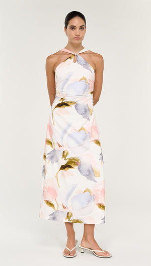 Pastel Watercolour Cotton Midi Dress with Halter Neck, featuring soft floral patterns and a flowing silhouette.