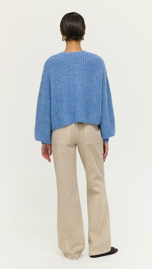 Soft Handle Ballon Sleeve Cardigan in Blue