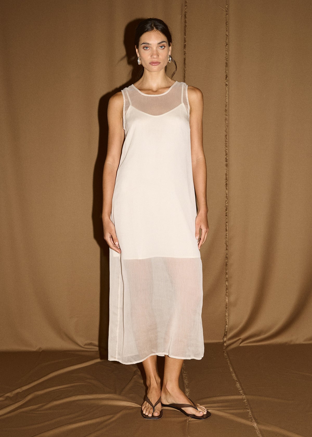 Sheer Layered Slip Midi Dress in Cream