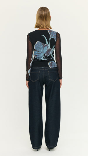Blue Floral Asymmetric Neck Mesh Top