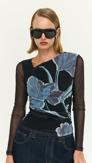 Blue Floral Asymmetric Neck Mesh Top featuring sheer sleeves and a bold floral design.