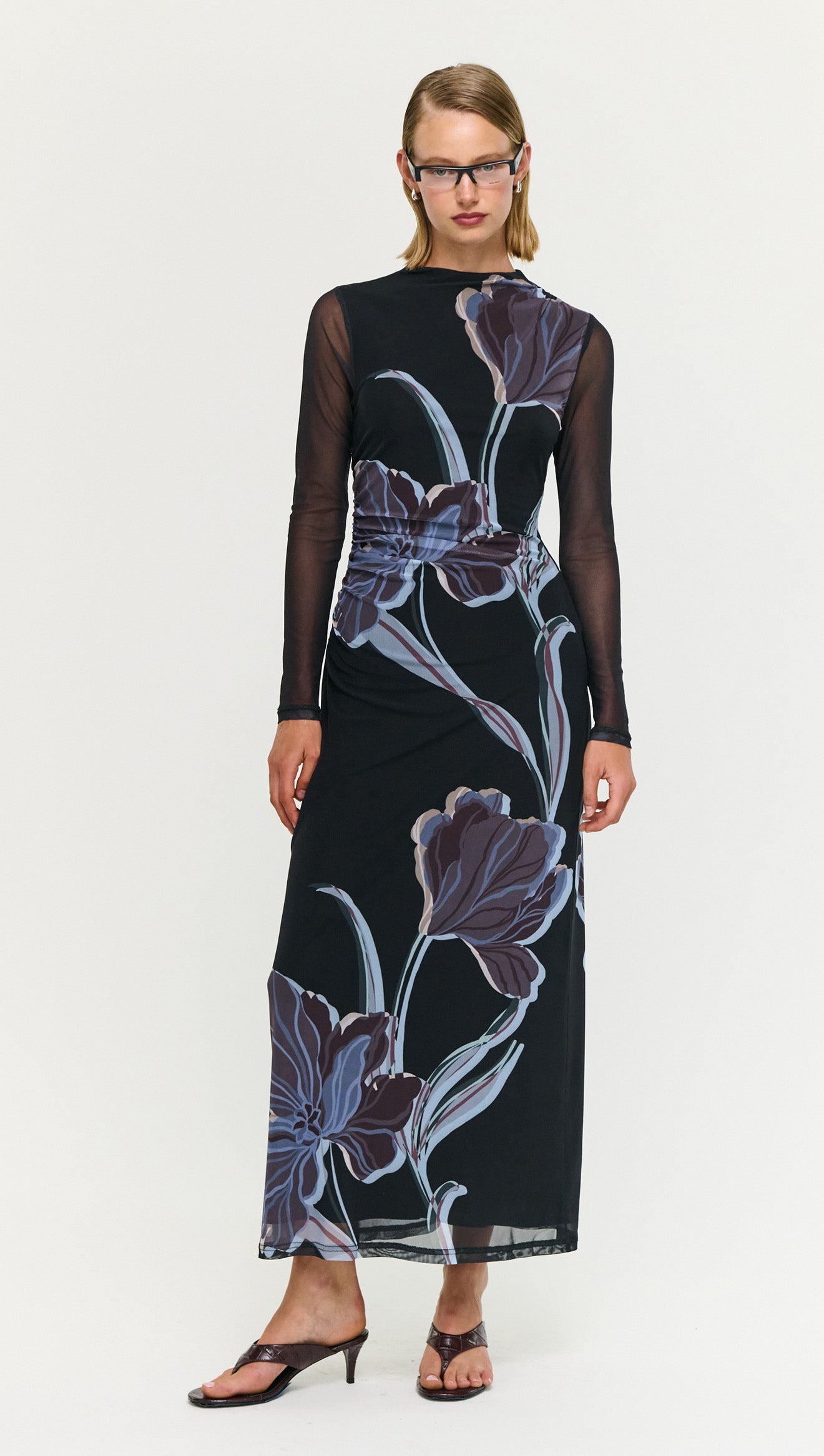 Blue Floral Mesh Midi Dress featuring a modern sheer mesh design with long sleeves and elegant floral prints.