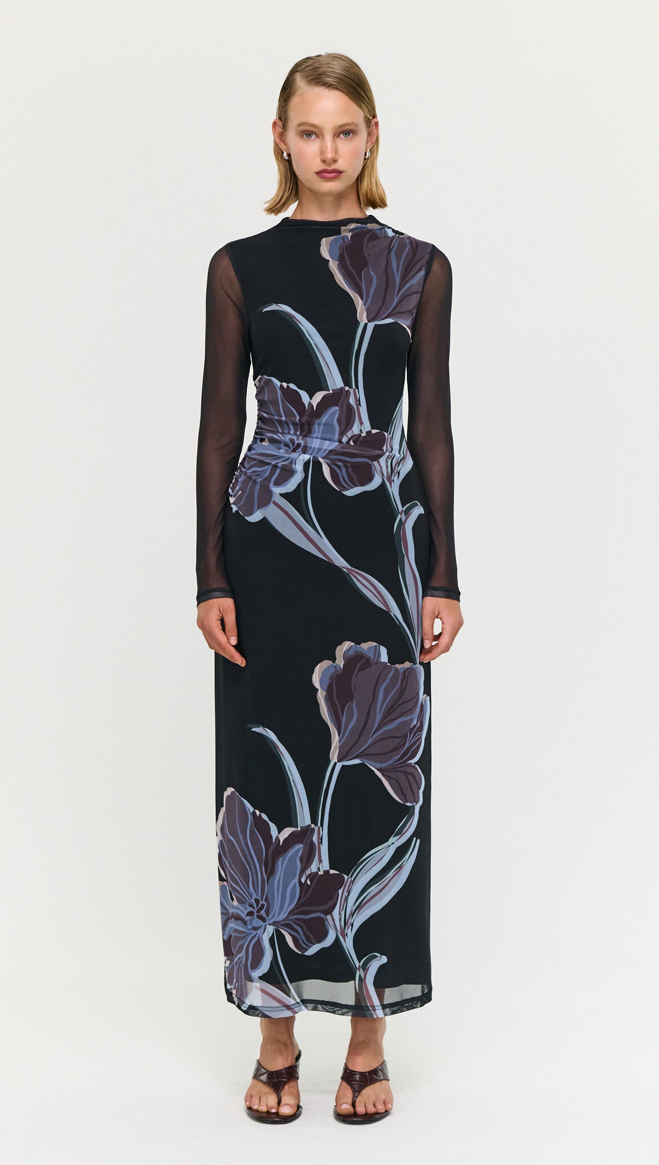 Blue Floral Mesh Midi Dress featuring a modern sheer mesh design with long sleeves and elegant floral prints.