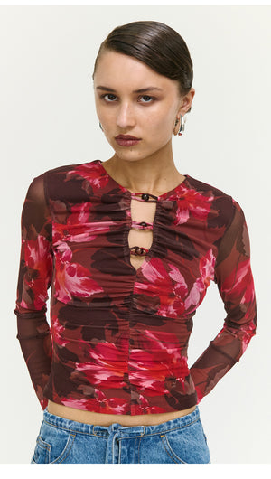 Pink Floral Print Mesh Bead Detail Top