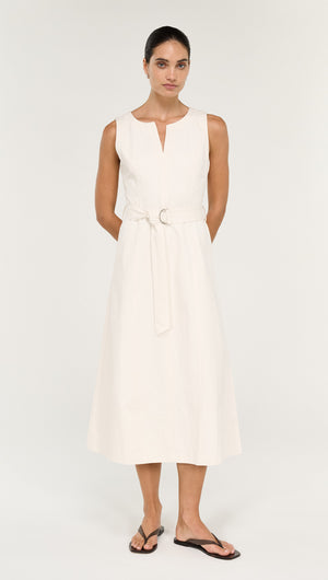 Cotton Belted Wrap Midi Dress in Cream displayed on a model, featuring a belted waist and elegant design.