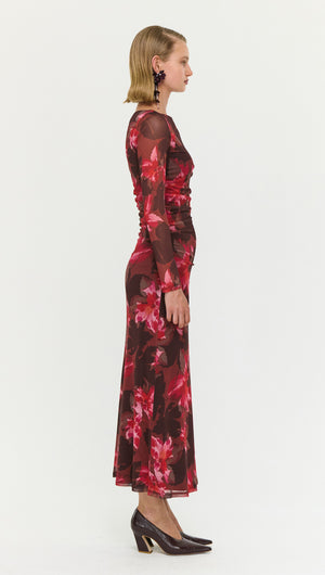 Ruched Pink Floral Mesh Midi Dress side view showcasing floral print and elegant fit.