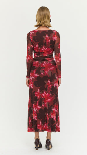 Ruched Pink Floral Mesh Midi Dress