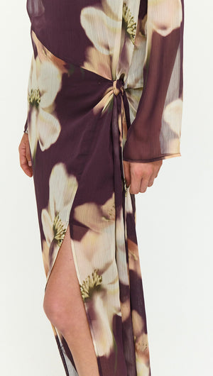 Sheer Floral Maxi Dress with Tie Detail featuring a knotted design and floral print, perfect for romantic occasions.