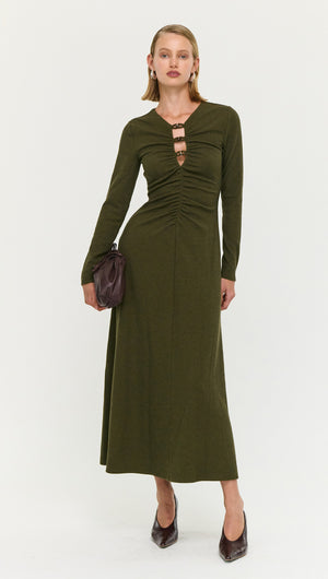 Olive Green Bead Detail Rib Midi Dress with long sleeves, ruched detail, and stylish accessories.