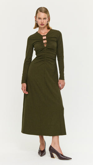 Olive Green Bead Detail Rib Midi Dress featuring a ribbed texture and stylish bead detail, perfect for elegant evening wear.