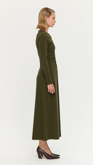 Olive Green Bead Detail Rib Midi Dress shown in profile view, highlighting its elegant silhouette and bead detailing.
