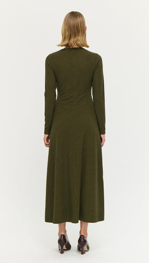 Back view of Olive Green Bead Detail Rib Midi Dress showcasing its elegant silhouette and long sleeves.
