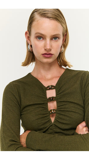 Olive Green Bead Detail Rib Midi Dress featuring a model showing off the unique bead detail and stylish ribbed design.
