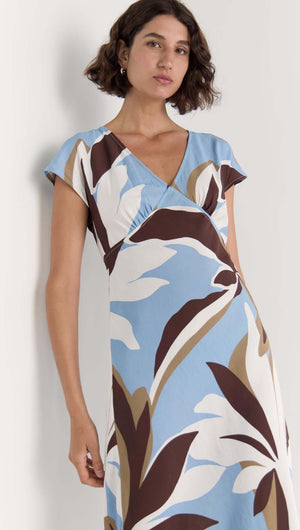 Maeve Midi Dress in brown, cream, and blue abstract floral print with V-neckline and cap sleeves.