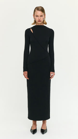 Black Asymmetric Seam Detail Midi Dress on a model, featuring a unique cut and sleek silhouette.