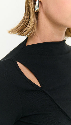 Black Asymmetric Seam Detail Midi Dress showcasing a close-up of its unique neckline and stylish detailing.