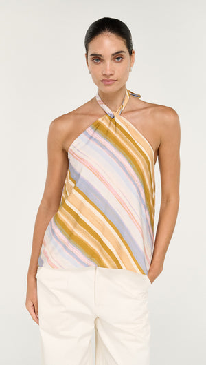 Model wearing a Pastel Stripe Twist Detail Halter Top with artistic stripes and a stylish design.