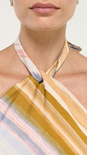 Close-up of the Pastel Stripe Twist Detail Halter Top showcasing the unique twist neckline and vibrant pastel stripes.