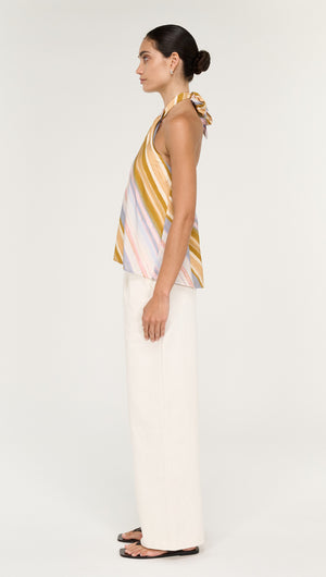 Pastel Stripe Twist Detail Halter Top shown from the side, featuring vibrant colors and a stylish design.