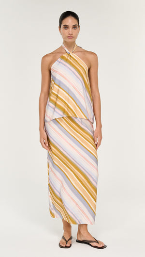 Pastel Stripe Mid Rise Midi Skirt styled with a matching halter top on a model, showcasing fluid movement and soft colors.