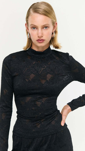 Model wearing a Black Sheer Lace Long Sleeve Top featuring delicate lace and a fitted design.