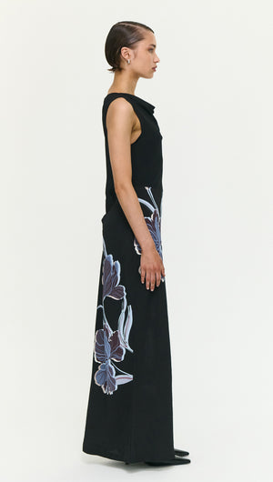 Blue Floral Bias Cut Combo Midi Dress displayed on a model, showcasing the side view and floral design details.