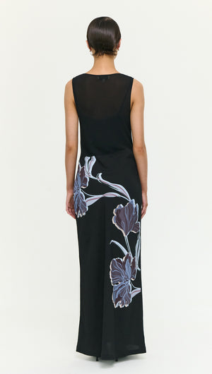 Back view of the Blue Floral Bias Cut Combo Midi Dress showcasing elegant floral design.