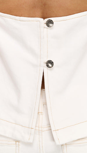 Cotton Denim Halter Top in White back closure detail with silver buttons