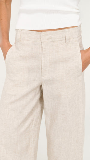 Viscose Linen Barrel Leg Pant in Oat, showcasing a relaxed fit with pockets and a light, breathable fabric.