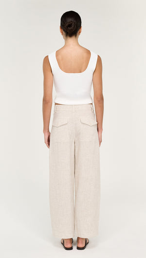 Viscose Linen Barrel Leg Pant in Oat view from the back, featuring a relaxed fit and stylish design.