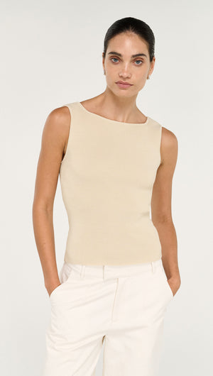 Fine Rib Knit Reversible Tank in Ecru worn by a model, showcasing a stylish and versatile wardrobe essential.