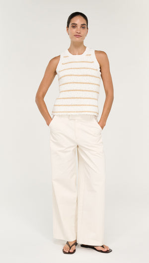 Model wearing Relaxed Cotton Wide Leg Pant in Cream paired with a stylish top, perfect for casual outings.