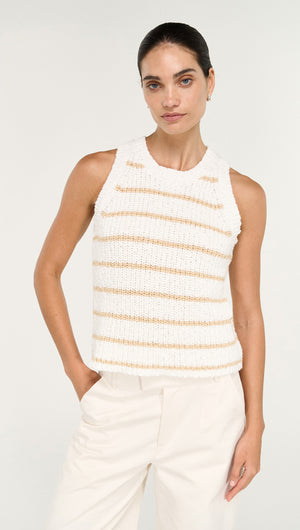 Cotton Blend Stripe Knit Tank in White worn by a model, featuring a textured knit design with stripes.