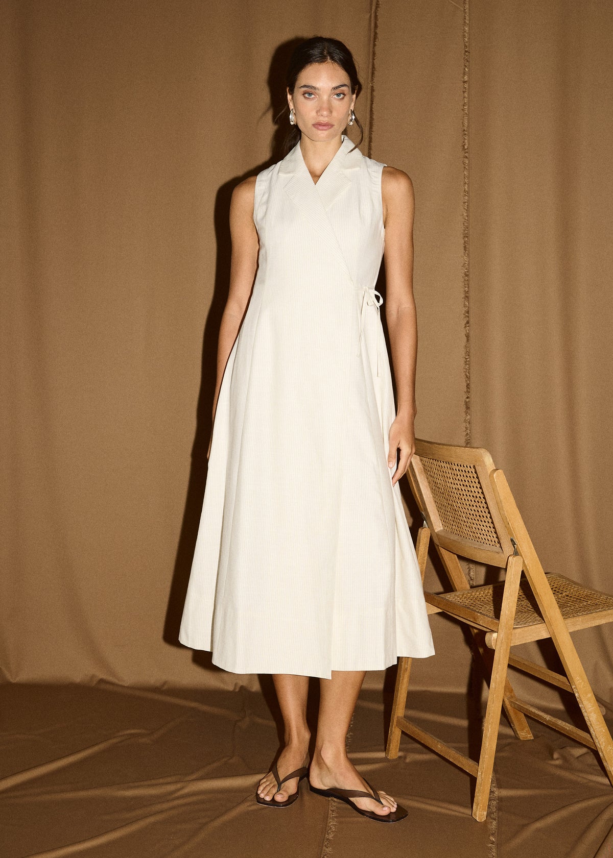 Cotton Blend Wrap Detail Midi Dress