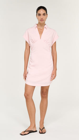 Collared Mini Dress in Soft Pink on a model, featuring a V-neckline and short sleeves, perfect for casual wear.