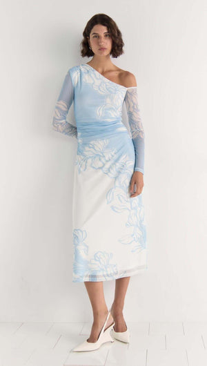 Model wearing the Aurora Mesh Midi Dress in sky blue floral mesh with one-shoulder neckline and side ruching.