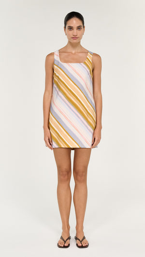 Model wearing a Pastel Stripe Square Neck Mini Dress featuring vibrant stripes in pink and yellow.