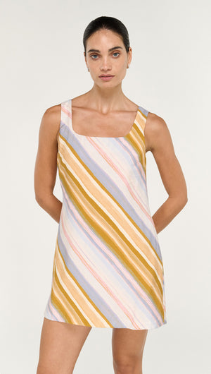 Pastel Stripe Square Neck Mini Dress featuring colorful stripes in yellow, pink, and blue on a playful design perfect for warm weather.