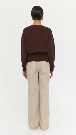 Brown Zip Detail Soft Crew Neck Knit
