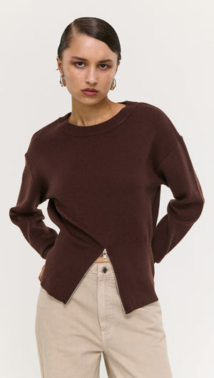 Brown Zip Detail Soft Crew Neck Knit worn by a model, showcasing modern knitwear style and clean lines.