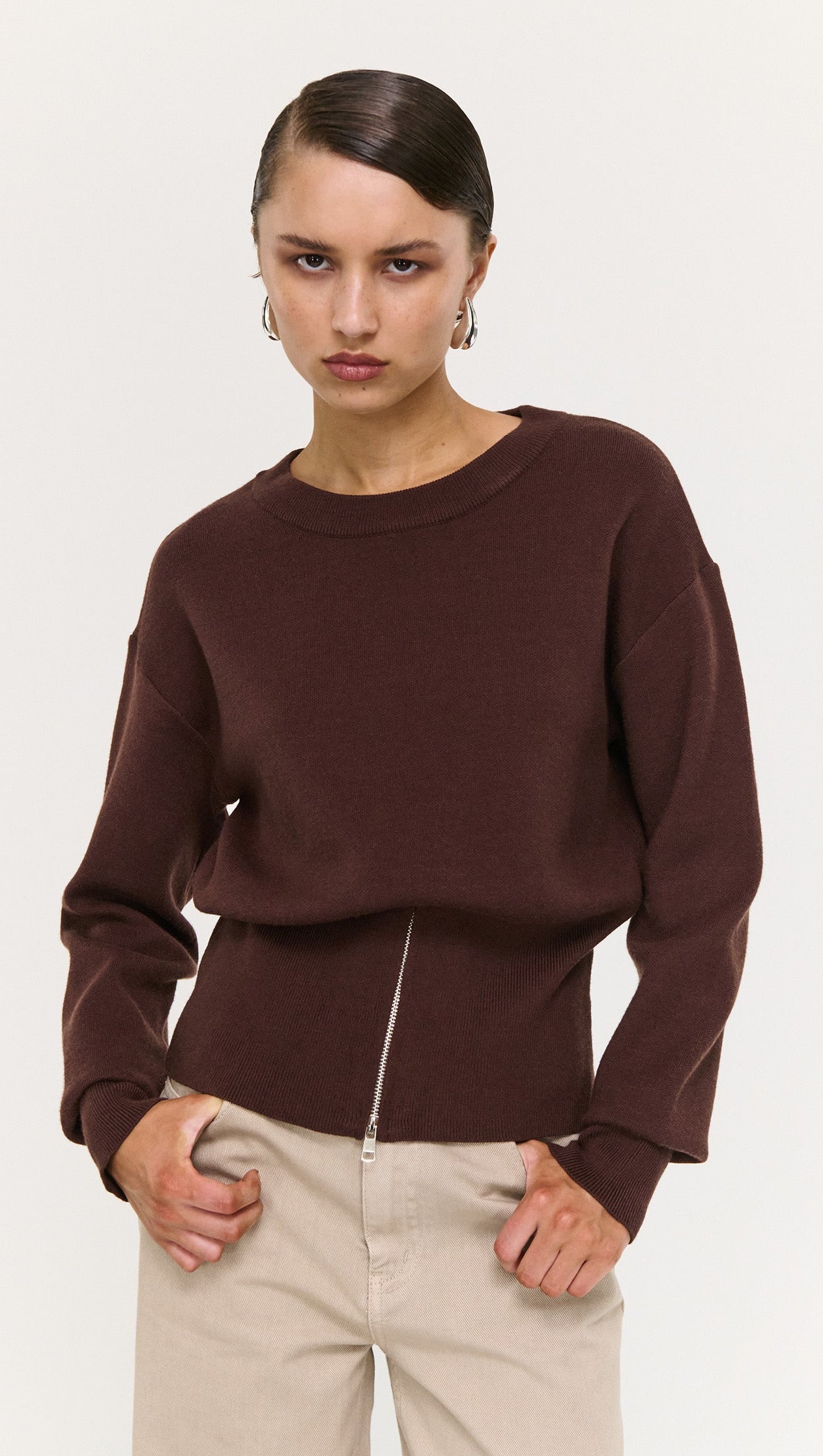 Brown Zip Detail Soft Crew Neck Knit worn by a model, showcasing modern knitwear style and clean lines.