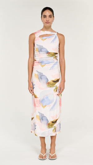 Pastel Watercolour Sleeveless Mesh Midi Dress modeled by a woman, showcasing a soft floral print and elegant design.