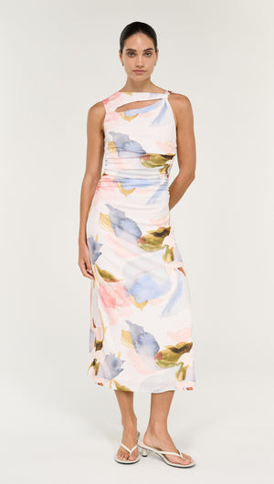 Pastel Watercolour Sleeveless Mesh Midi Dress model showcasing a soft, feminine design with pastel watercolor patterns.