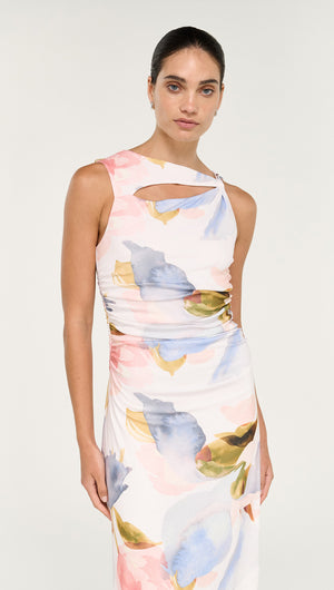 Model wearing a Pastel Watercolour Sleeveless Mesh Midi Dress featuring a cut-out design.