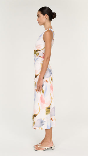Pastel Watercolour Sleeveless Mesh Midi Dress displayed on a model from the side, showcasing its floral pattern and elegant silhouette.