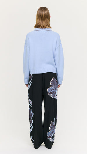Blue Cotton Blend Contrast Seam Jumper
