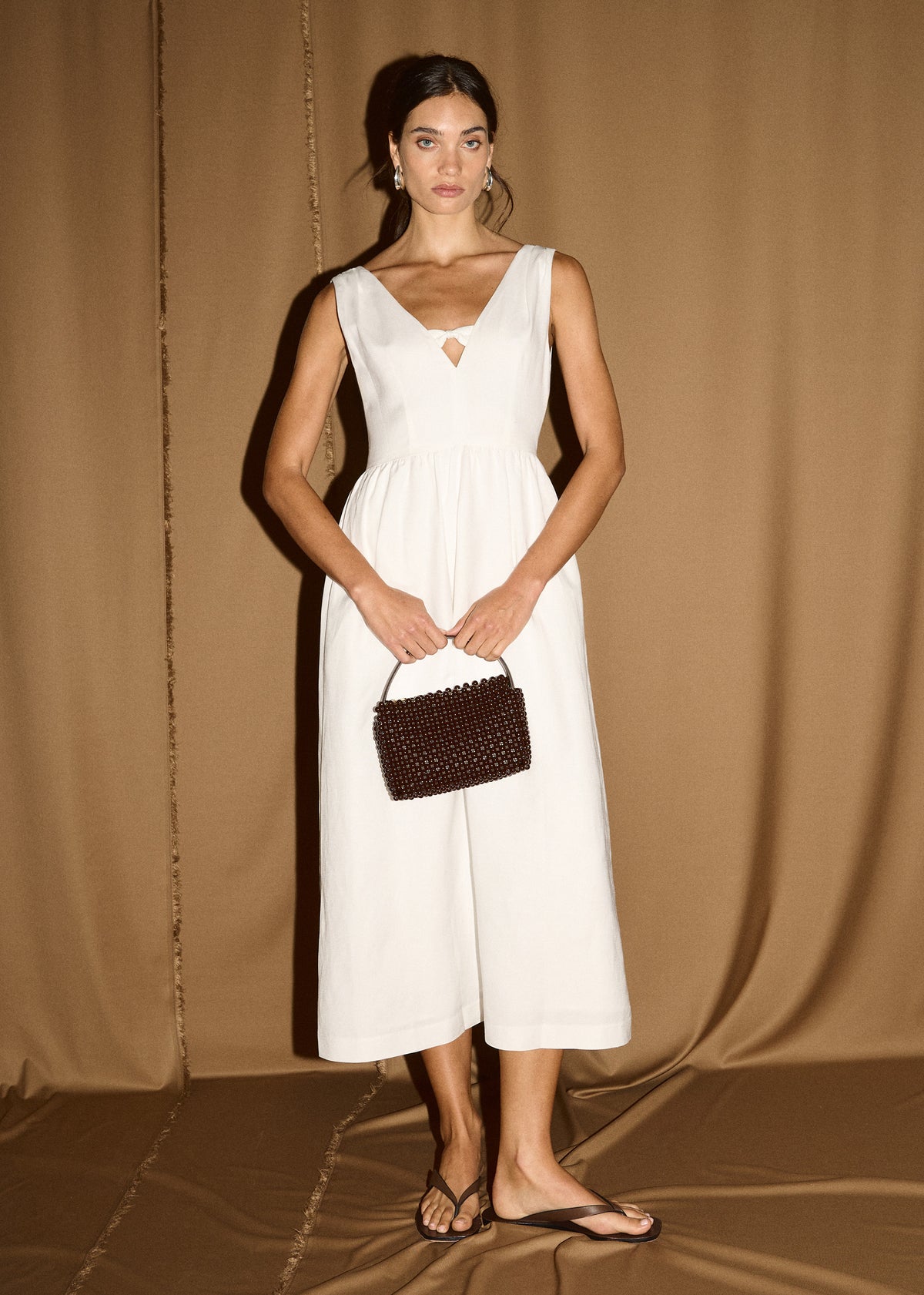 Linen Blend Keyhole Midi Dress in White