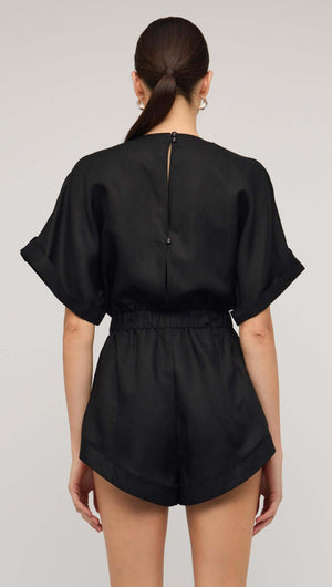 Black Linen Blend V-neck Playsuit